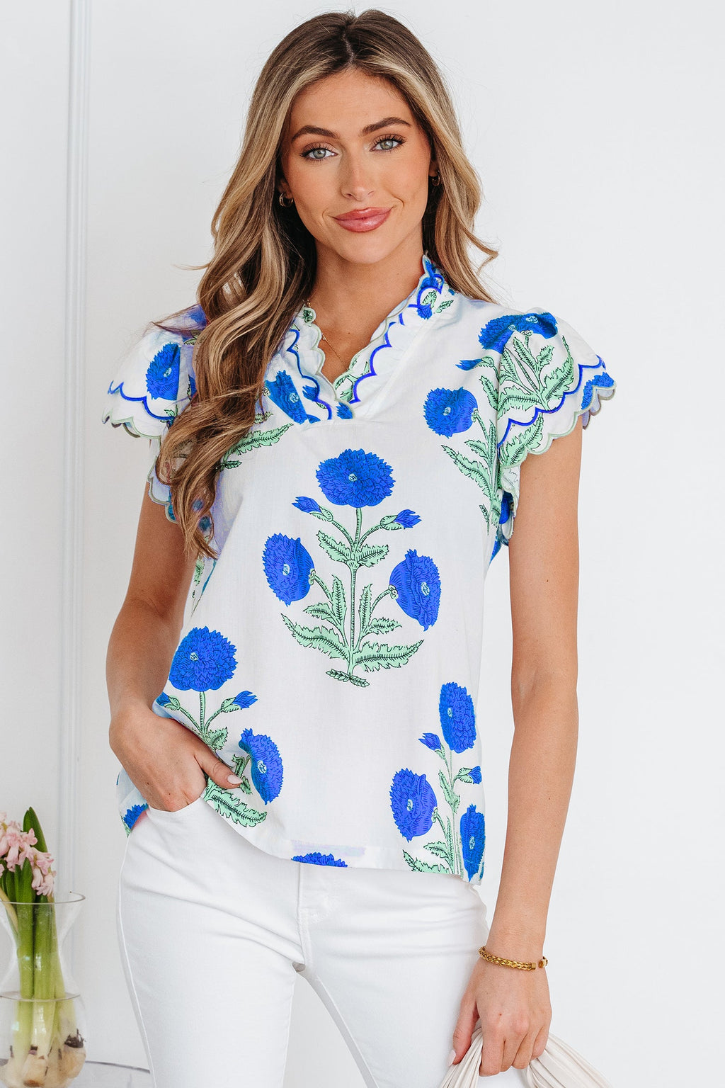 Blue Wild Flower Print Contrast Trim Scallop Detail Short Sleeve Blouse