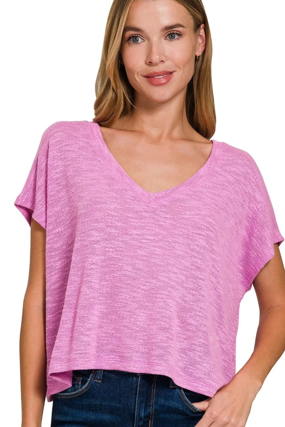Hacci Slub V-neck Drop Shoulder Crop Top