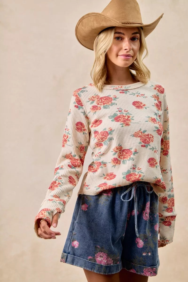 Floral Print Washed Waffle Thermal Top With Thumb