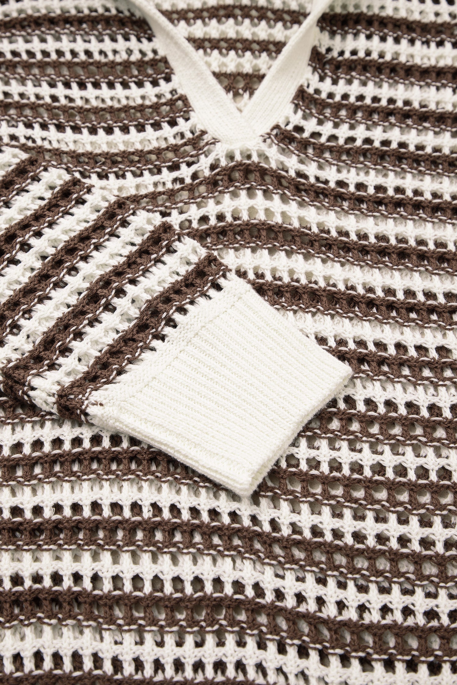 Brown Stripe Eyelet Hollow-out Contrast Collared Pullover Chic Sweater