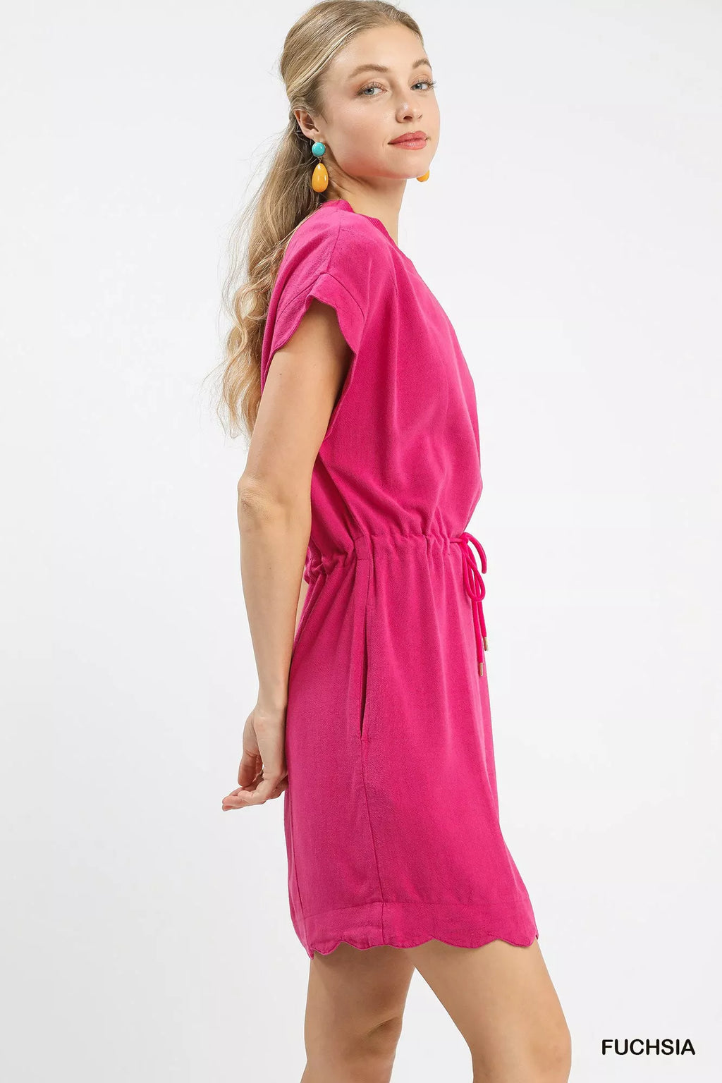Linen Blend Scallop Hem Mini Dress