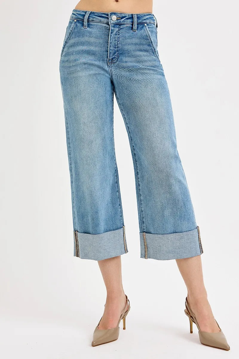 Full Size Tummy Control High Rise Ankle Wide Cuffed Jeans Plus Size