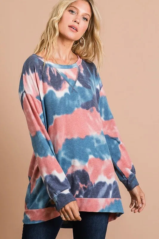 Tie Dye French Terry Pull Over with Front Stitching Detail