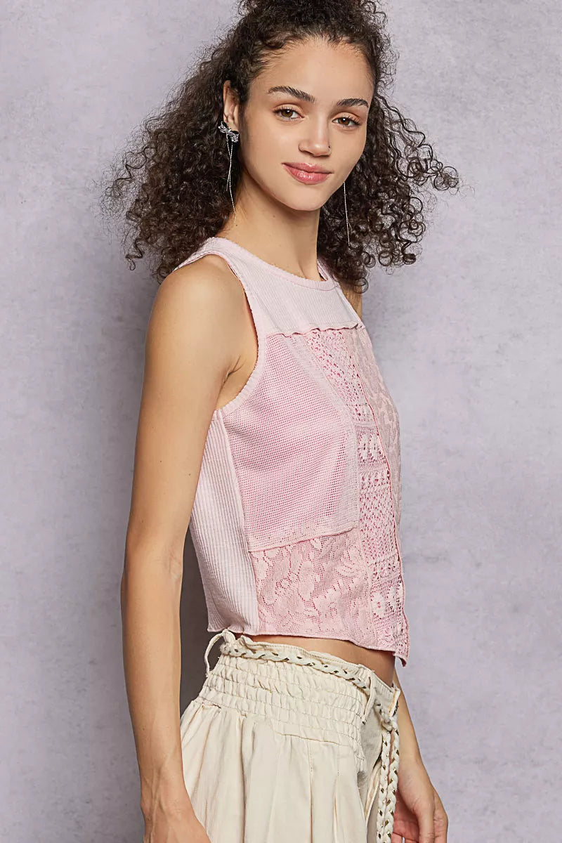 Ribbed Round Neck Cropped Tank with Lace Detail