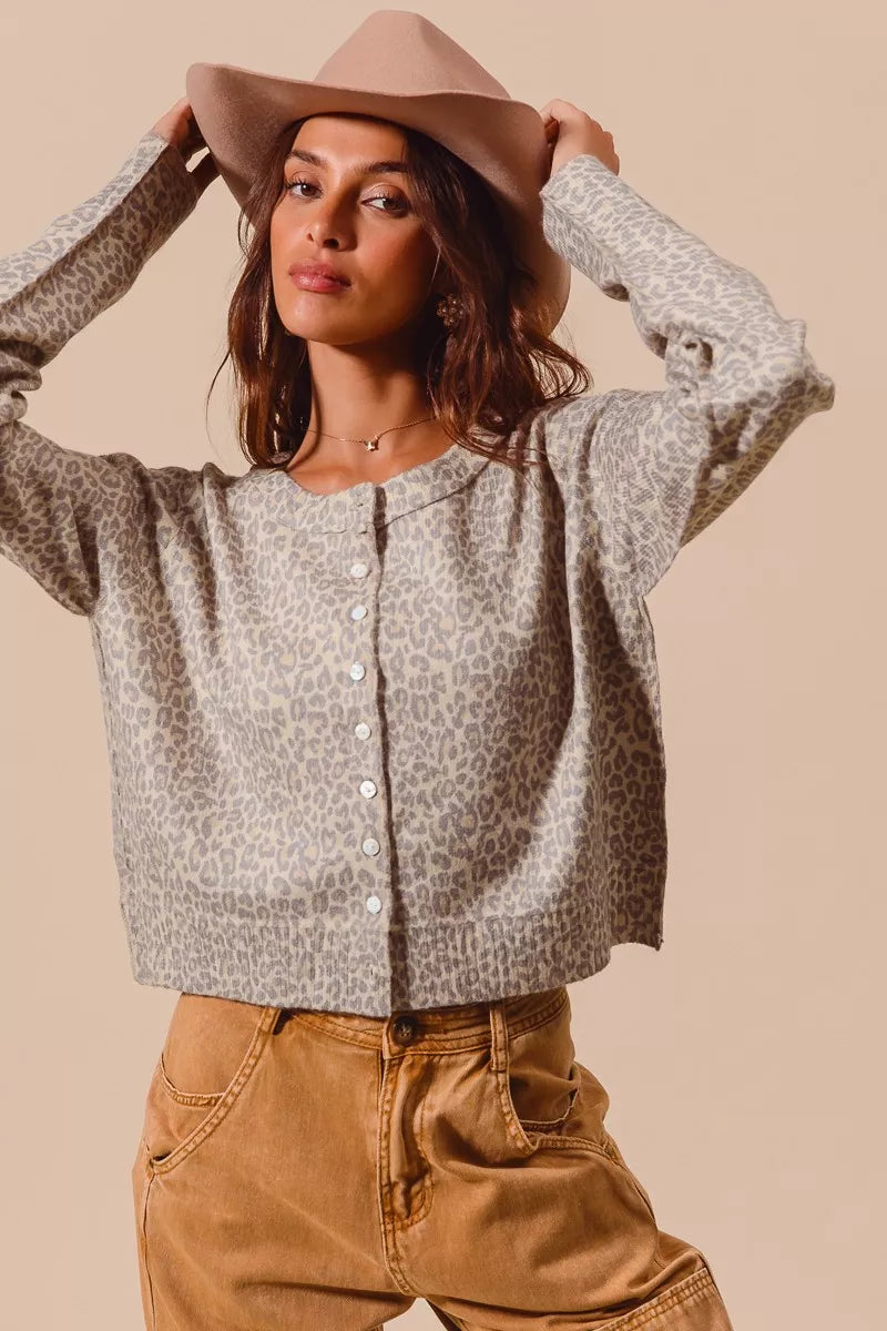 Two Tone Leopard Vintage Print Button Up Cardigan