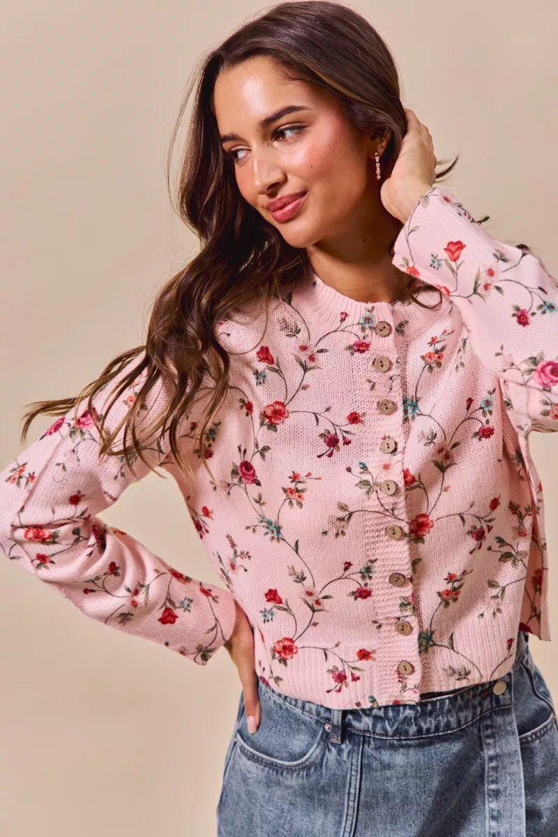 Floral Print Button Front Sweater Cardigan Top