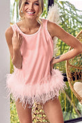 French Terry Faux Feather Bottom Back Tied Top