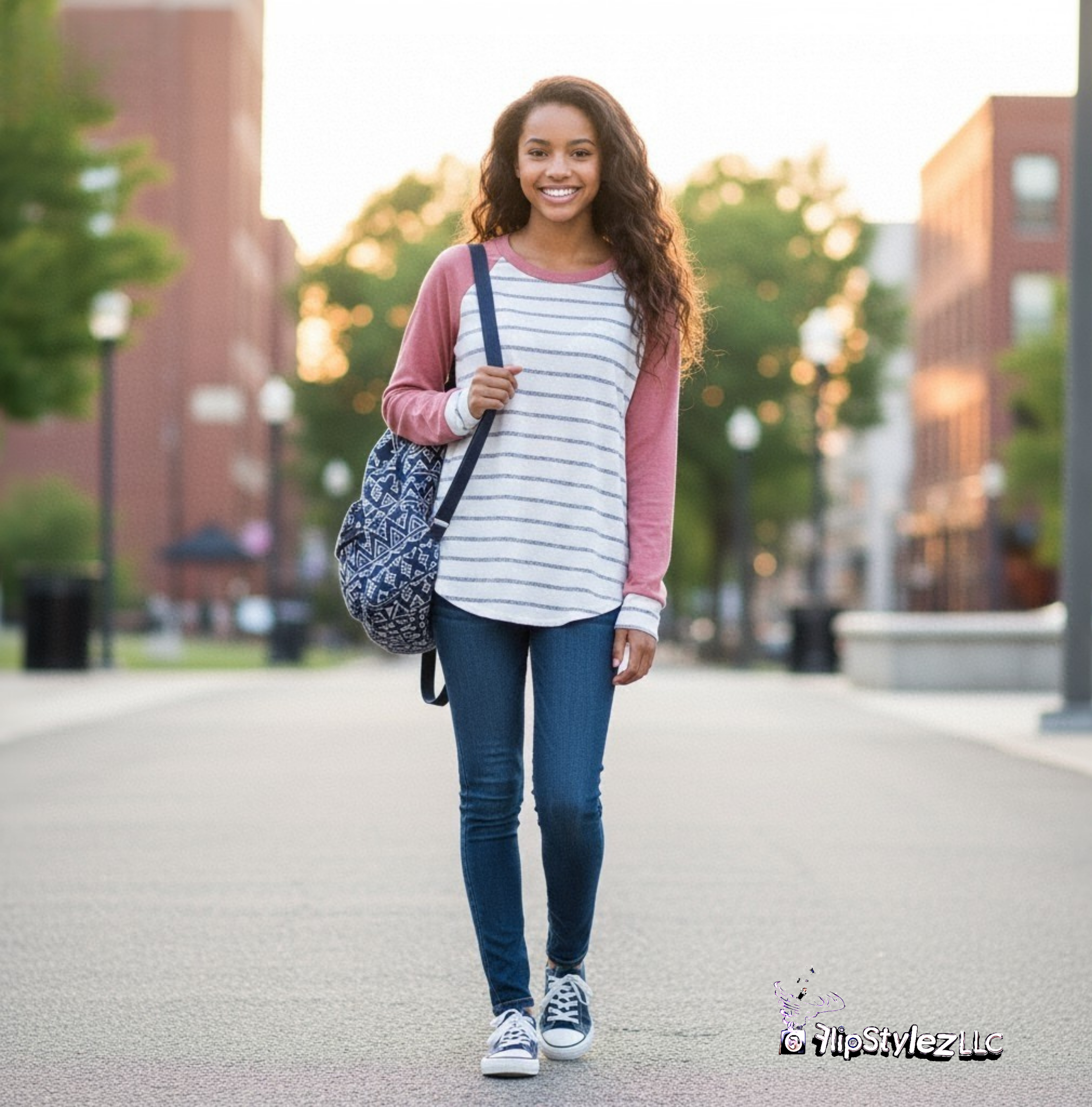 New pink sleeves blue stripes Fall or winter cotton sweater for high school or collage age girl
