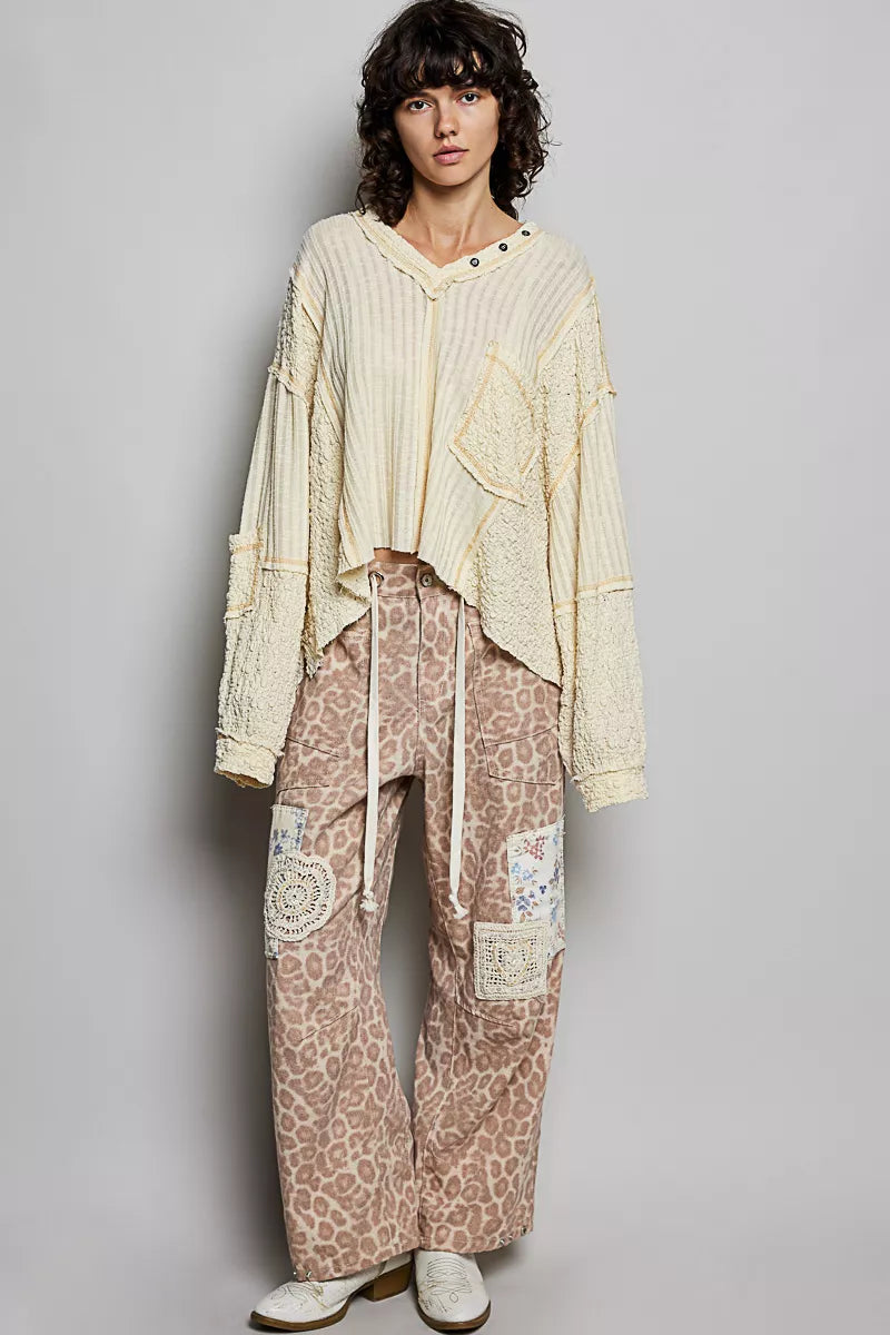 V-Neck Long Sleeve Top with Stitch Detail