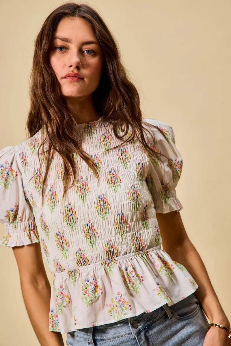 Floral Cotton Smocked Short Sleeves Blouse