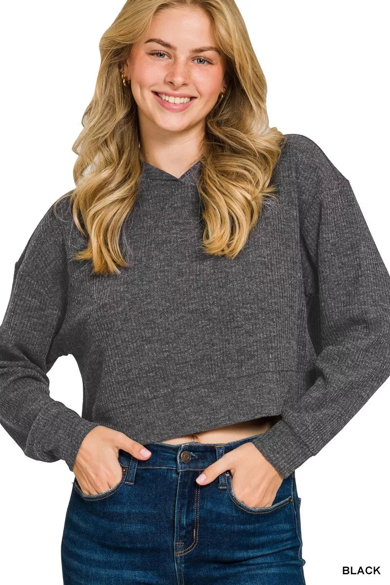 Drop Shoulder Ribbed Crop Hoodie