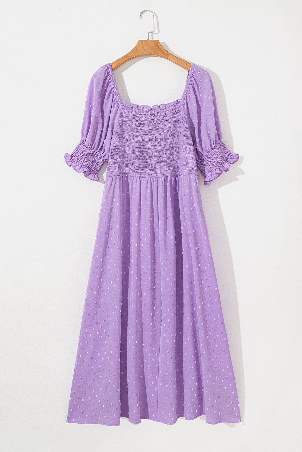 Wisteria Swiss Dot Smocked Frilled Neckline Short Sleeve Plus Size Dress