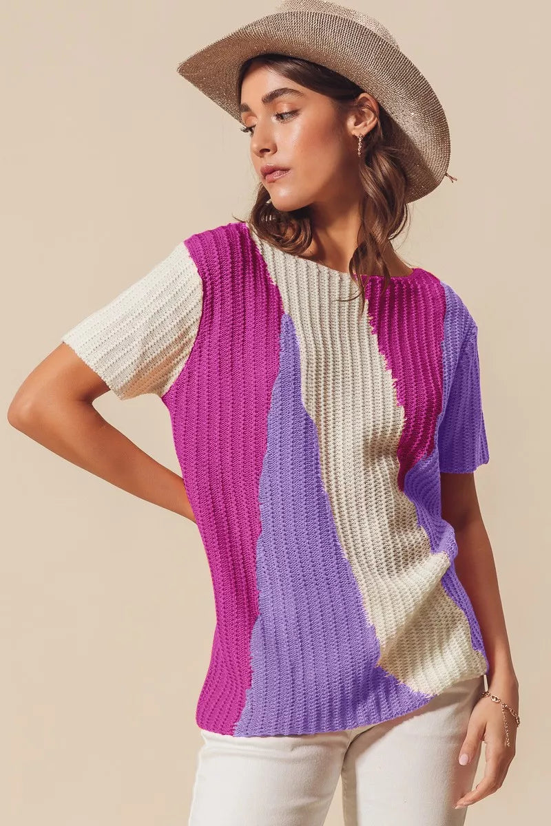 Boat Neck Multi Colored Lightweight Sweater Top