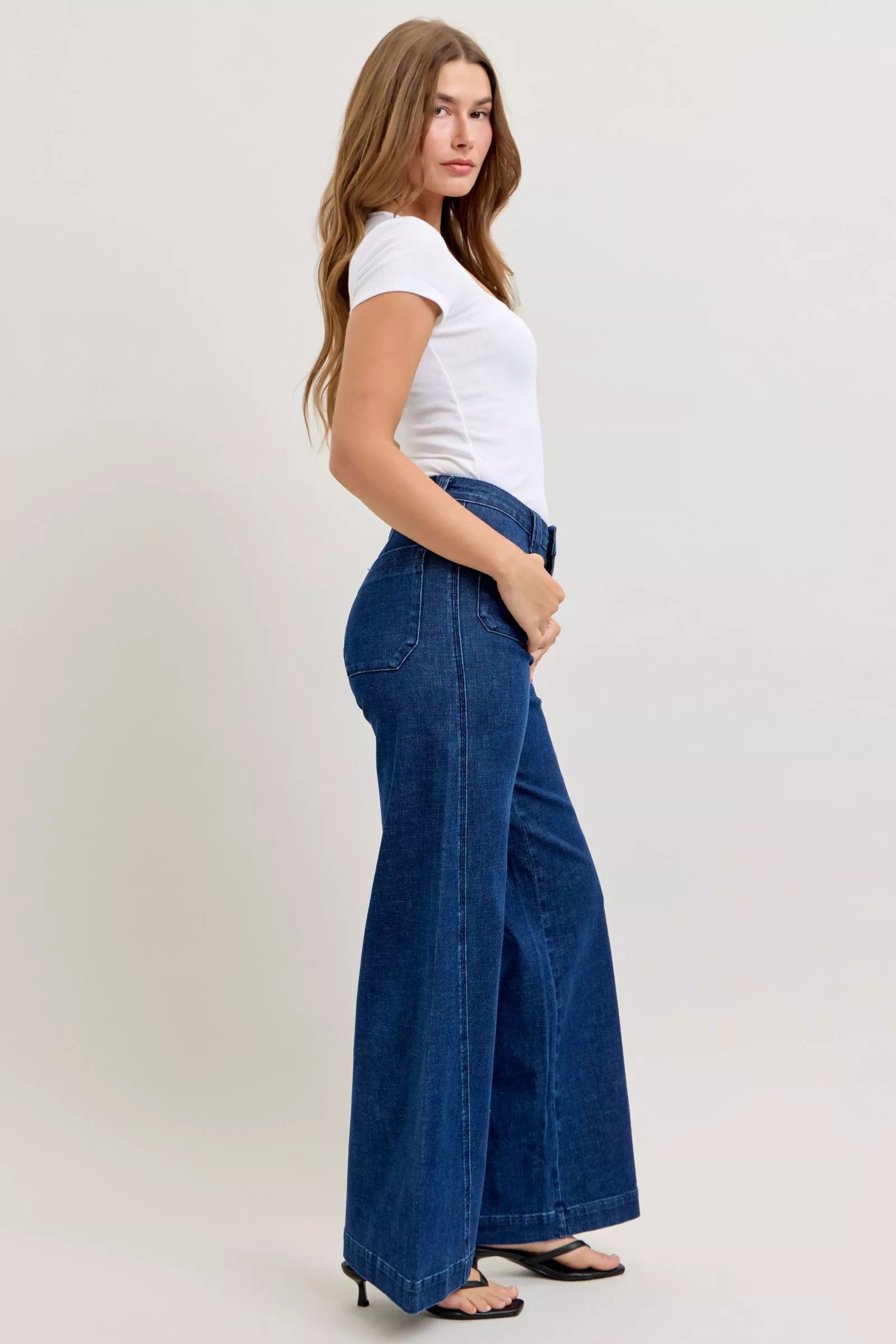 High-Waisted Retro Wide Jeans with Patch Pkts & Twisted Seams