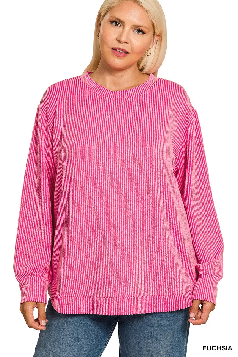 Full Size Raised Rib Round Neck Long Sleeve Top Plus Size