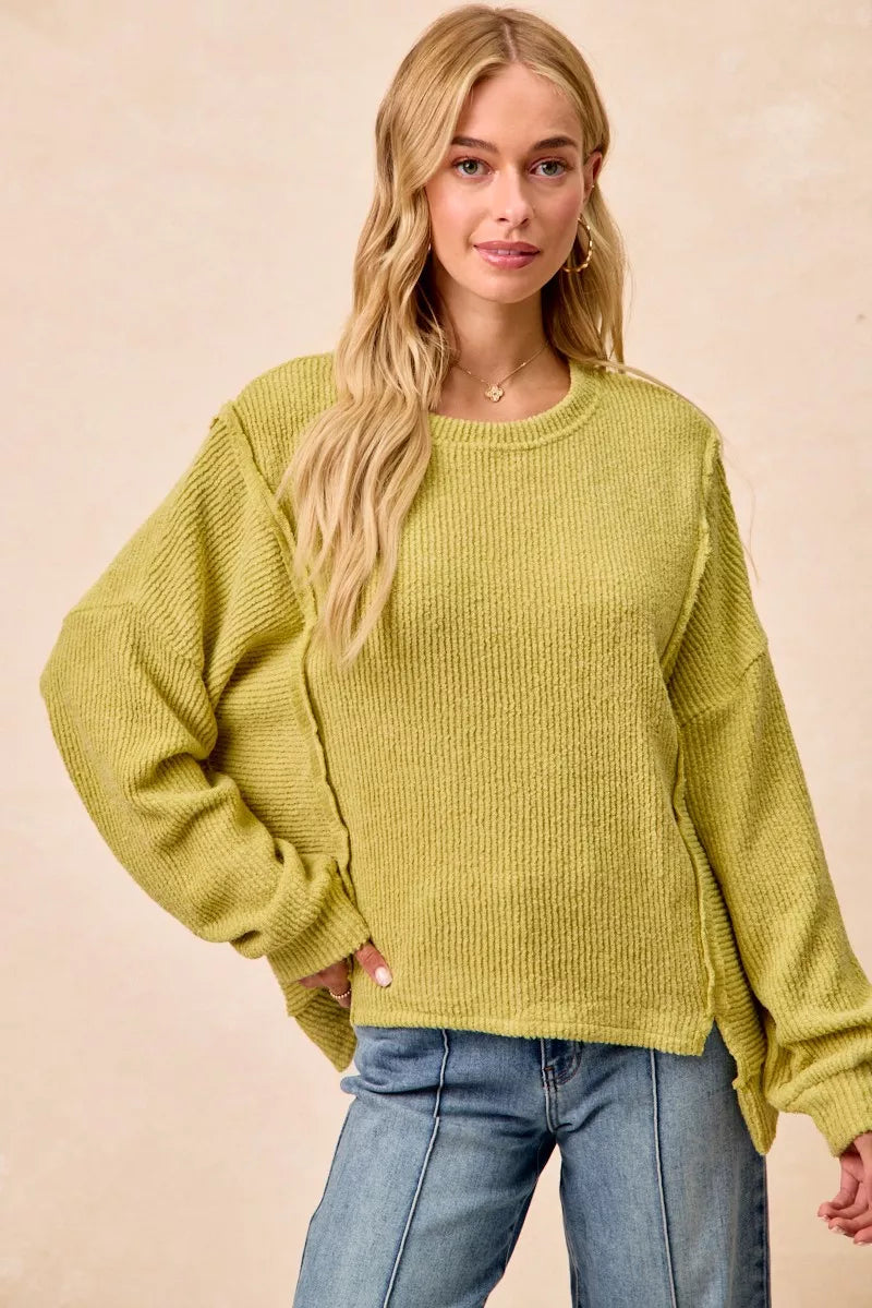 Boucle Rib Knit Uneven Hem Sweater With Open Seam