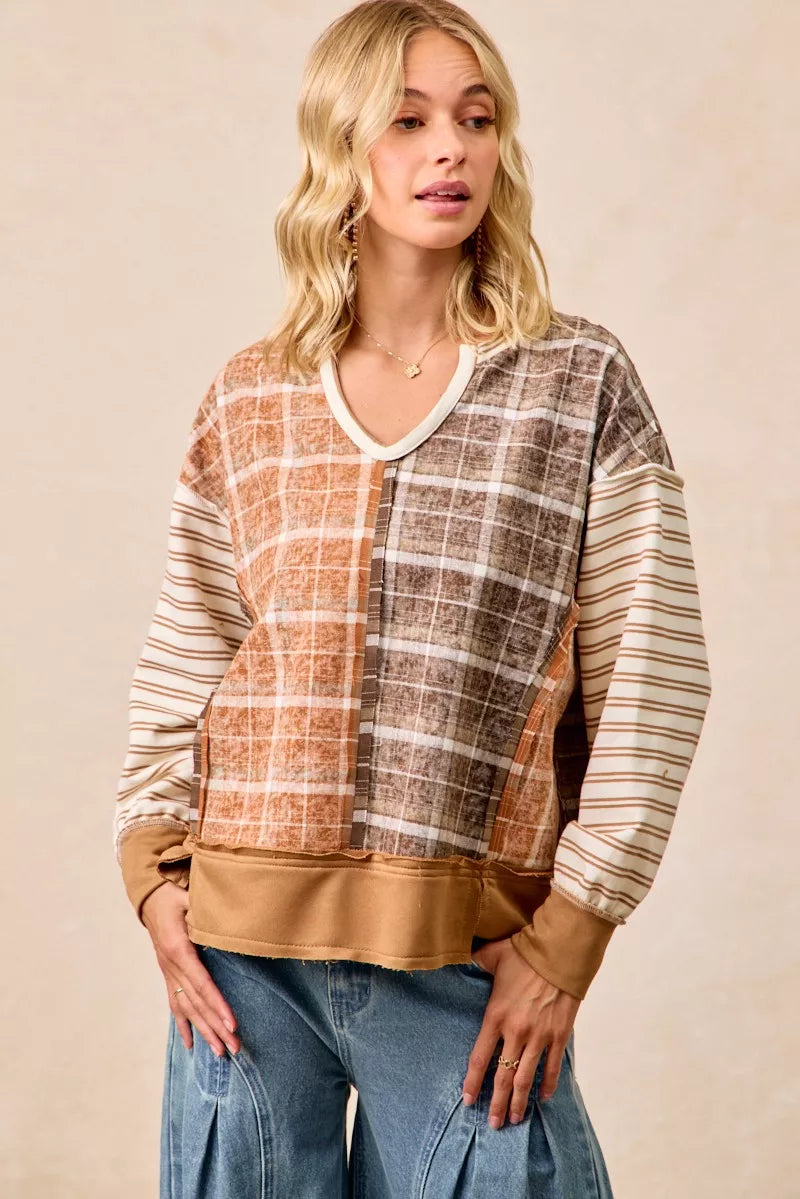 Plaid And Stripe Mix And Match Top With Open Seam