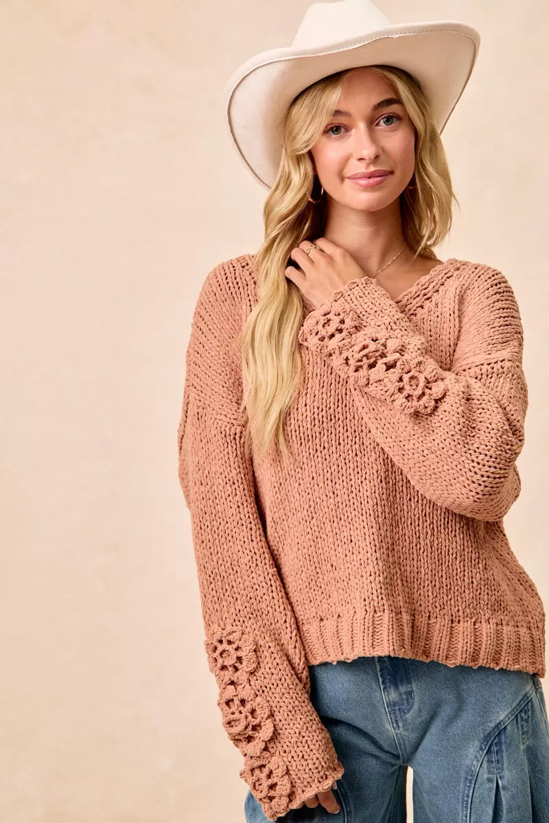 Chunky Knit Sweater with Flower Detail Sleeves