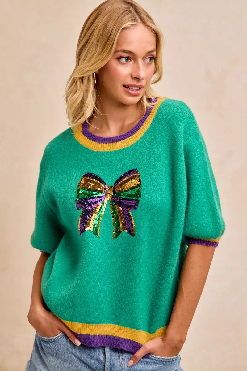 Mardi Gras Sequin Ribbon Patched Sweater
