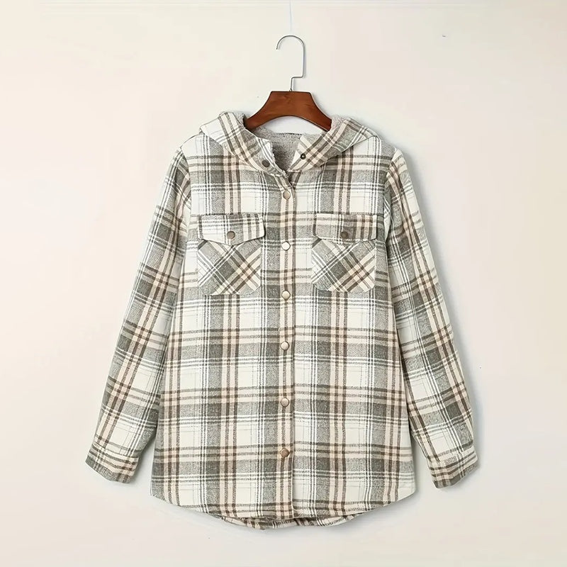 Women's Plaid Button-Up Long Sleeve Jacket Fall Winter  Flap Button Pocket Design Casual Hooded Fleece-Lined Warm Coat See size chart under “more details”
