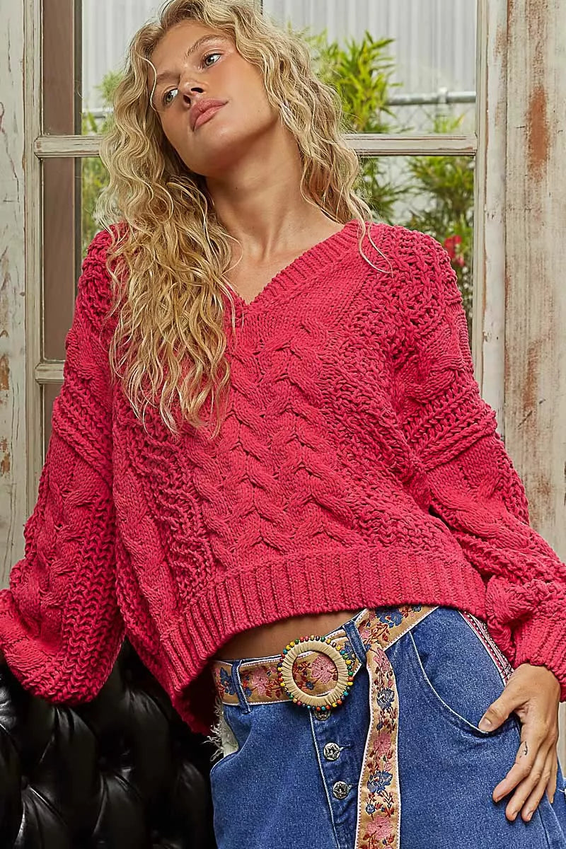 Cable-Knit Solid V-Neck Cropped Sweater