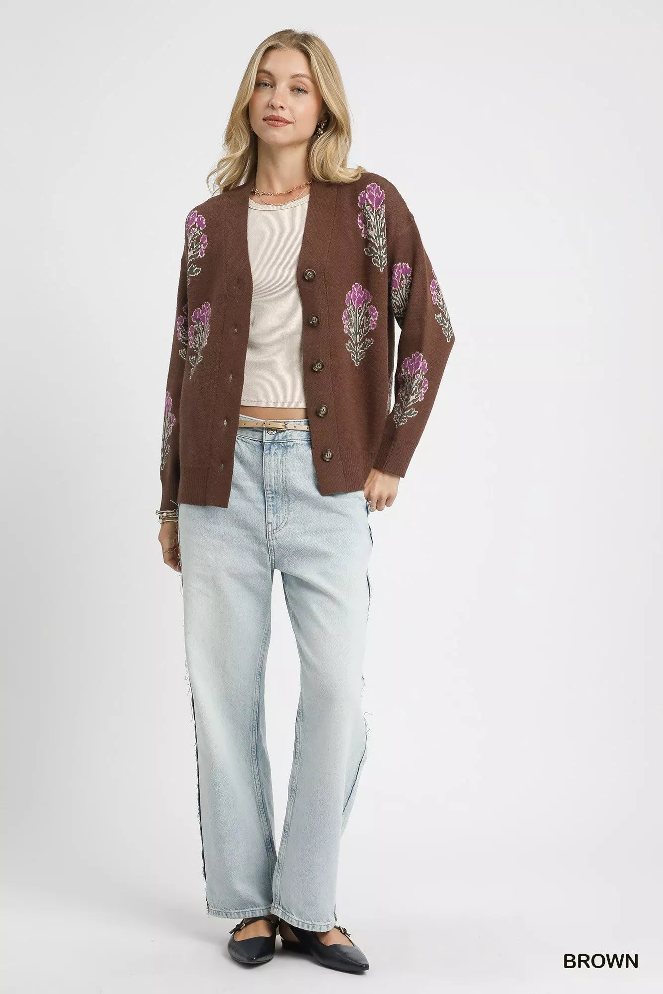 Single Flower Stem Jacquard Cardigan Sweater