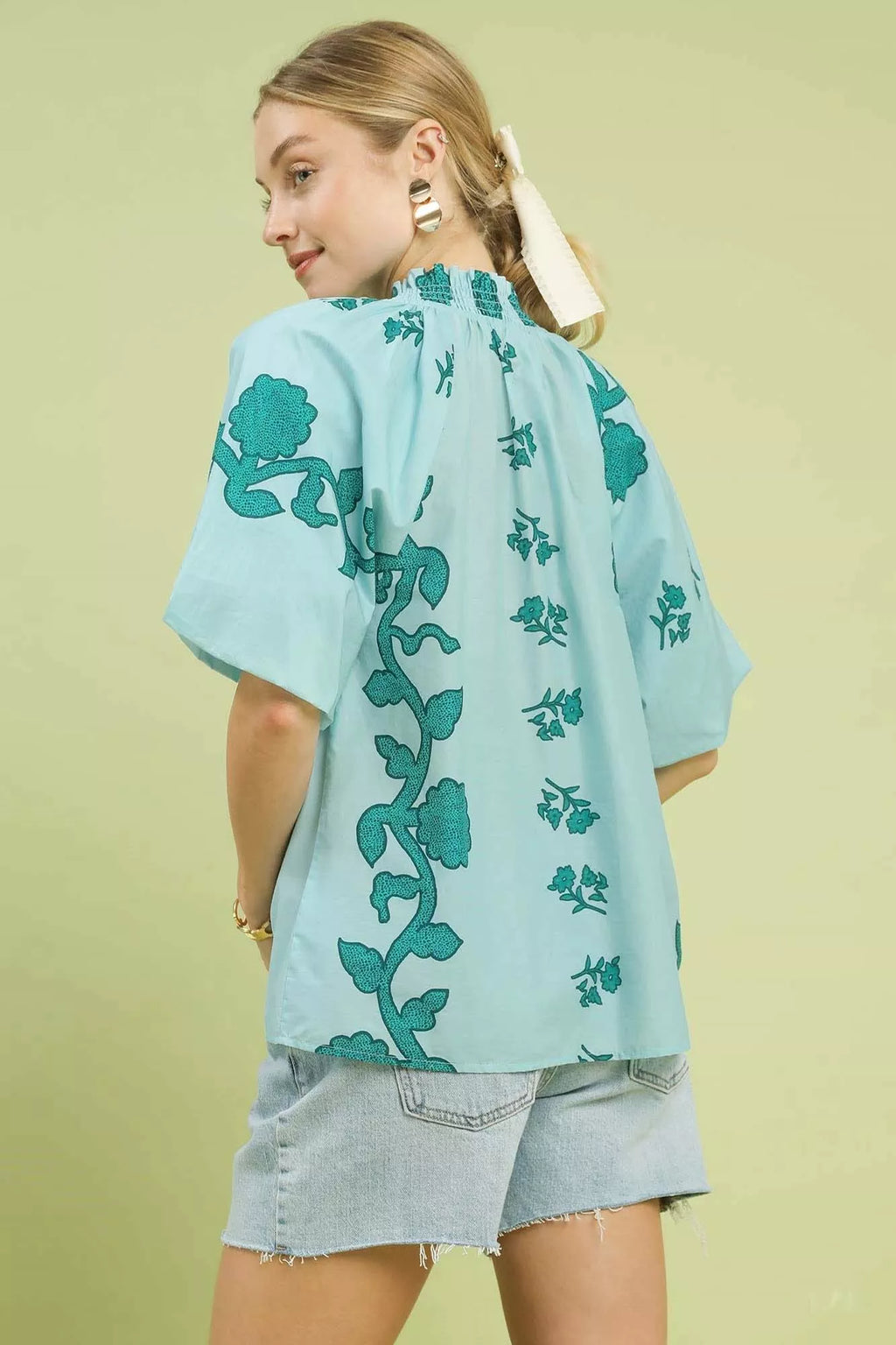 Floral Smocked Notched Puff Sleeve Blouse