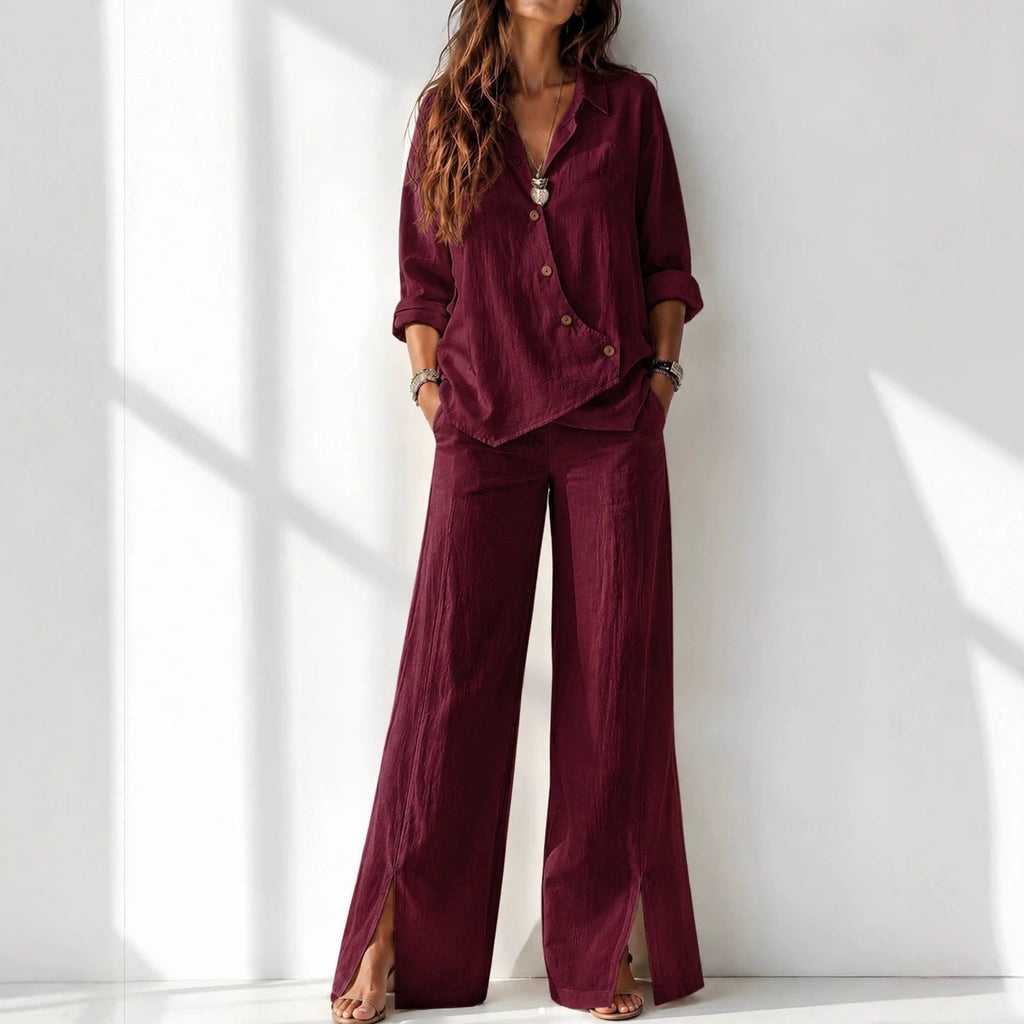 Women's Asymmetrical Long-Sleeve Top & Wide-Leg Pants Set