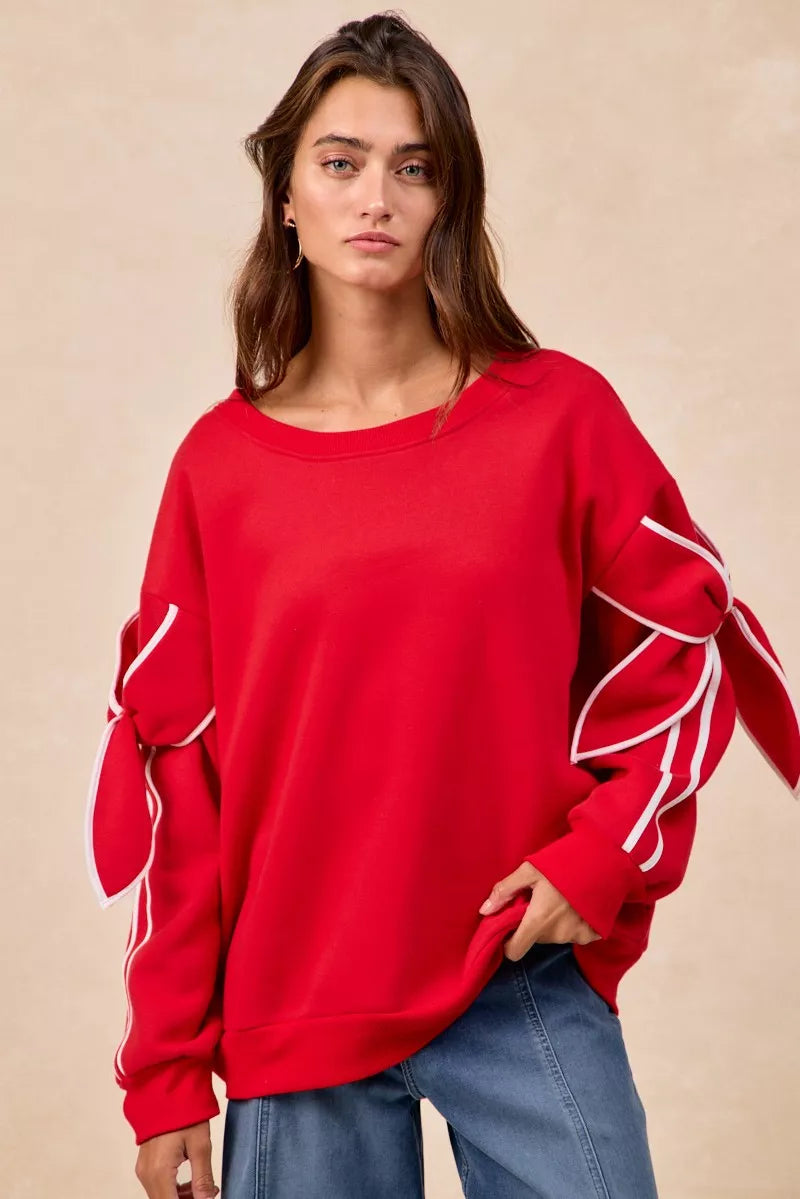 Bow Detail Sleeves Fleece Sweatshirt