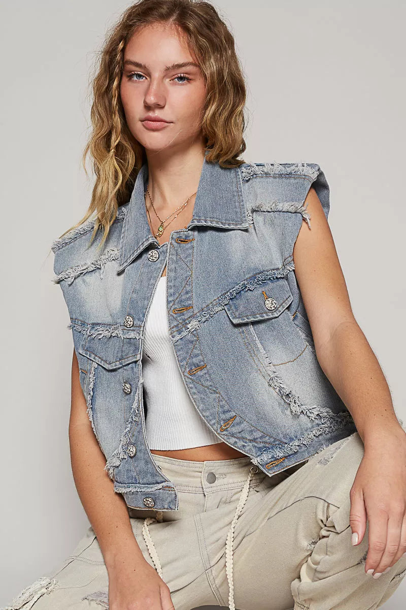 Assymetrical Front Closure Raw Hem Denim Vest