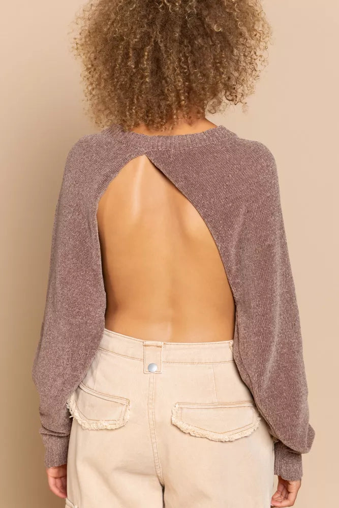 Round Neck Backless Sweater with Ribbed Edge