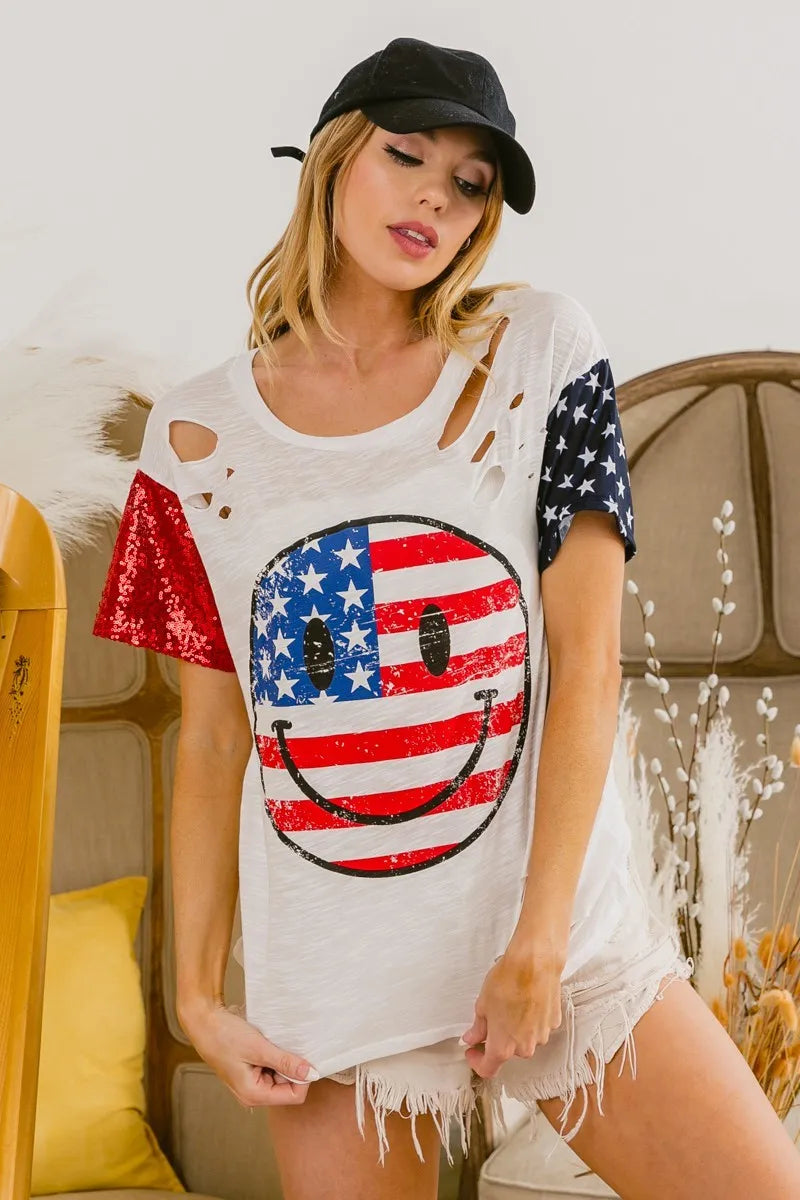 Fourth Of July Top With Laser Cut And Smile Face
