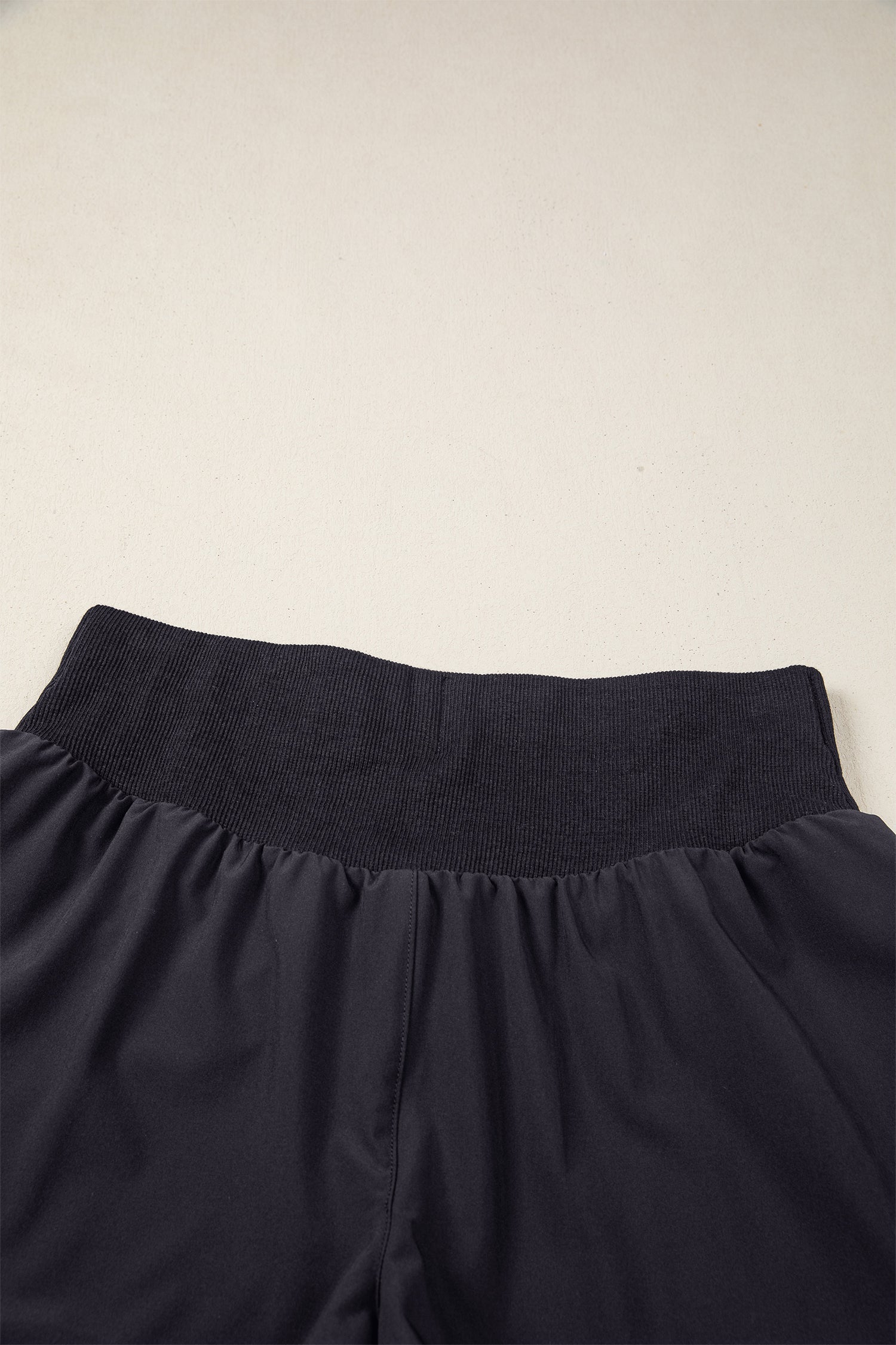 Black Solid Color Ribbed Patchwork High Waist Athletic Shorts