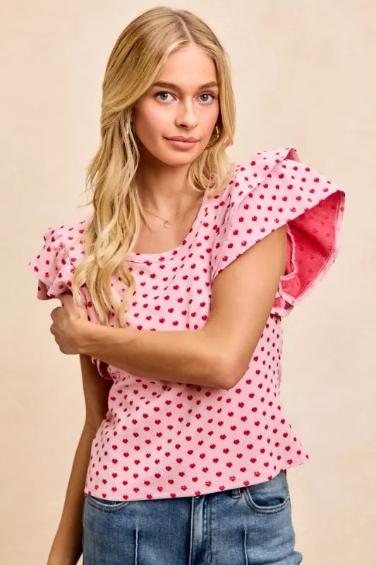 Heart Patterned Knit Ruffled Sleeves Top