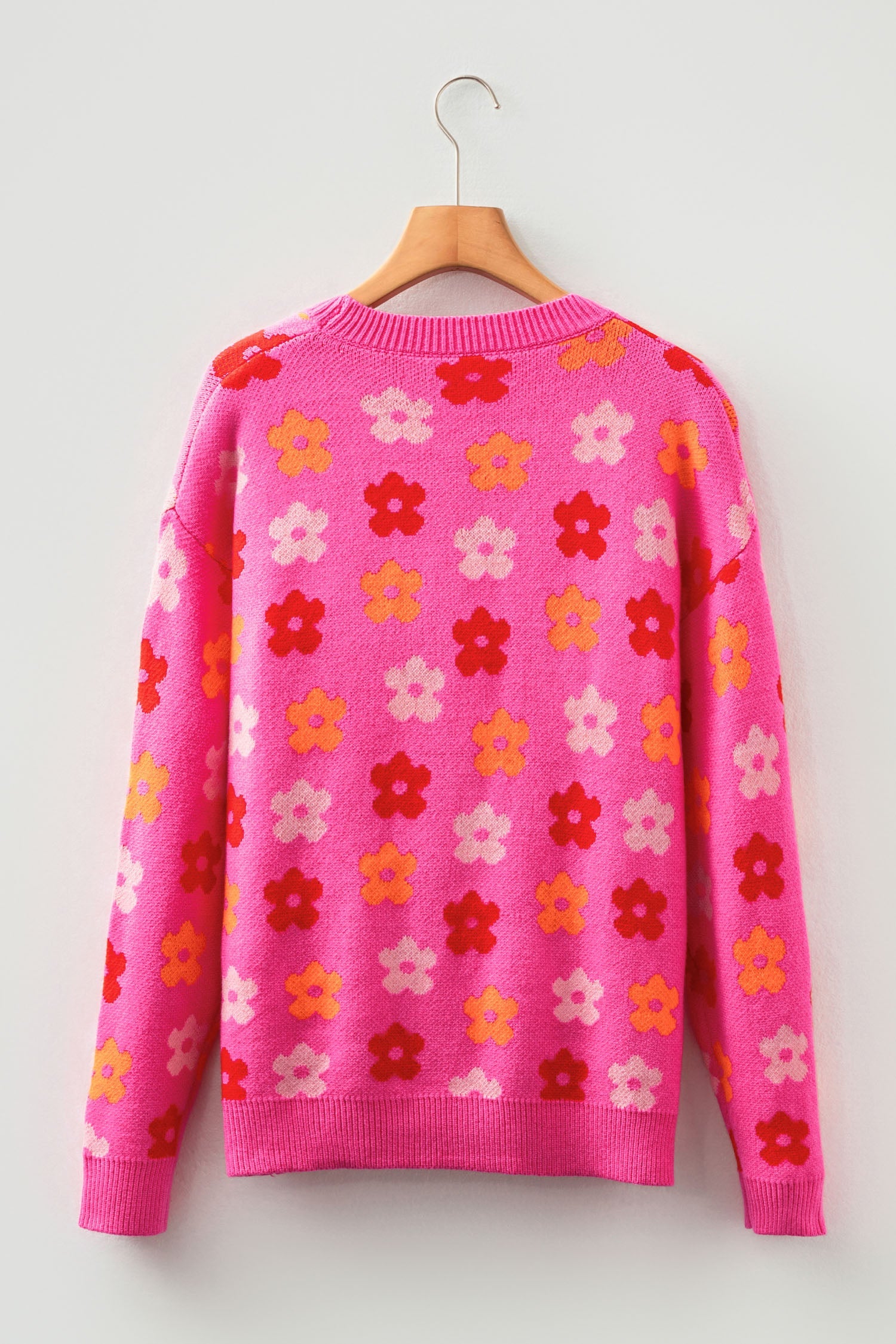 Rose Cute Flower Allover Ribbed Trimmed Drop Shoulder Pullover Sweater