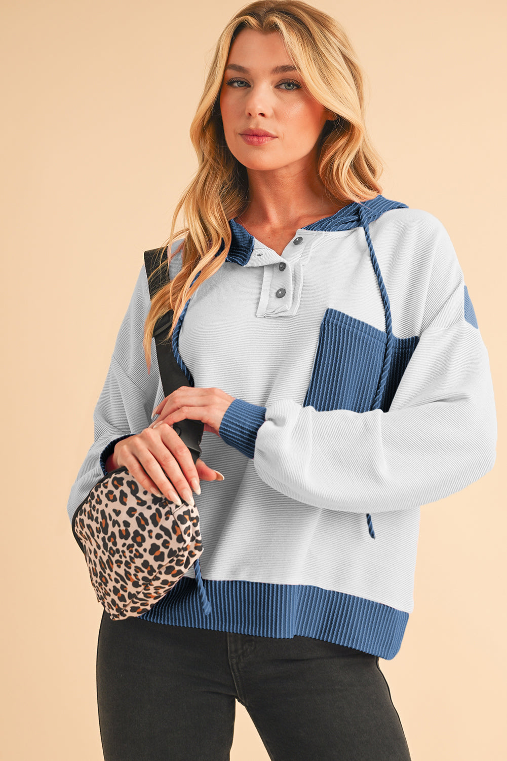 White Corded Patch Pocket Drawstring Henley Long Sleeve Top