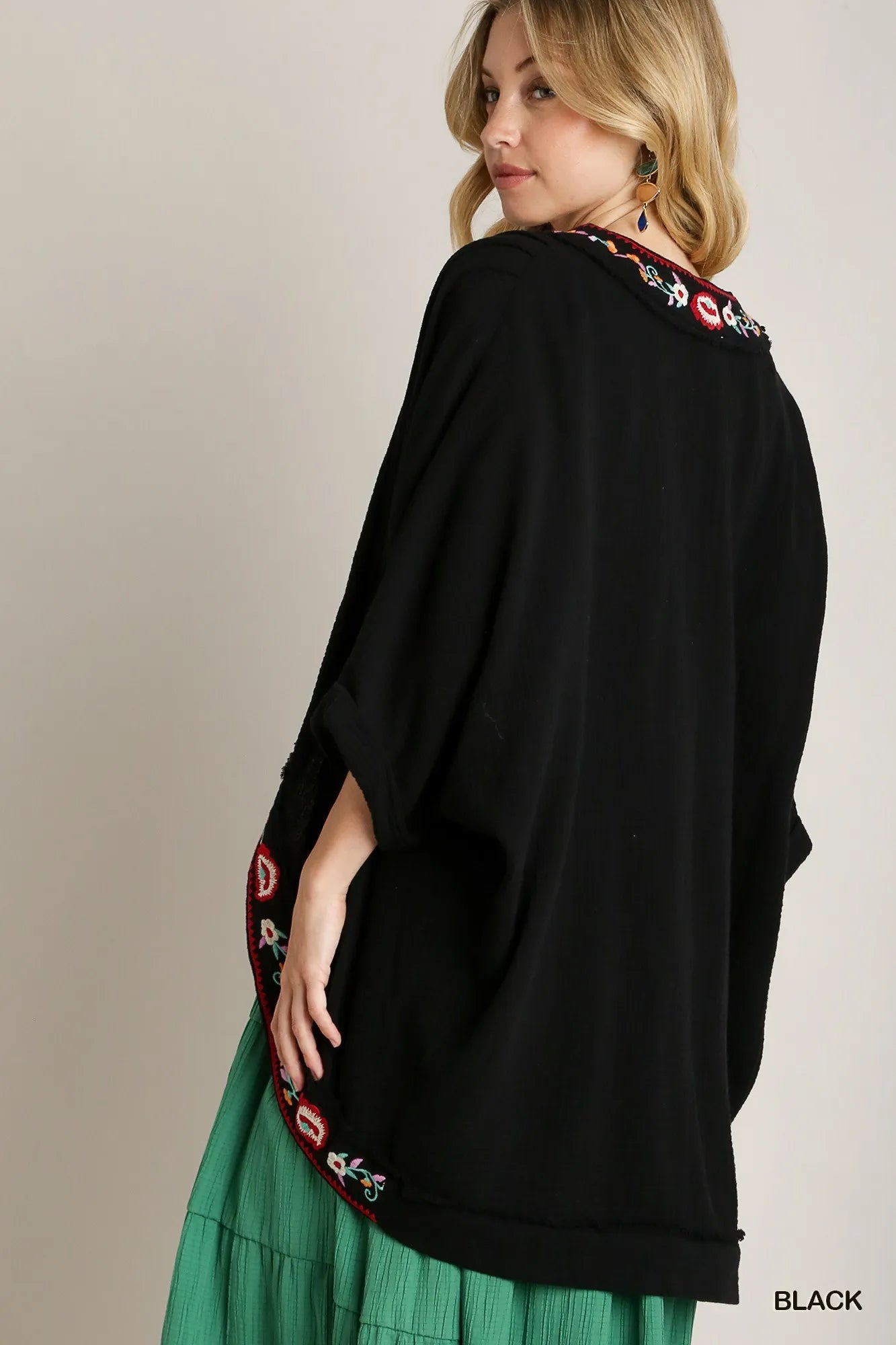 Embroidery Open Front Kimono with Pleated Shoulder Detail