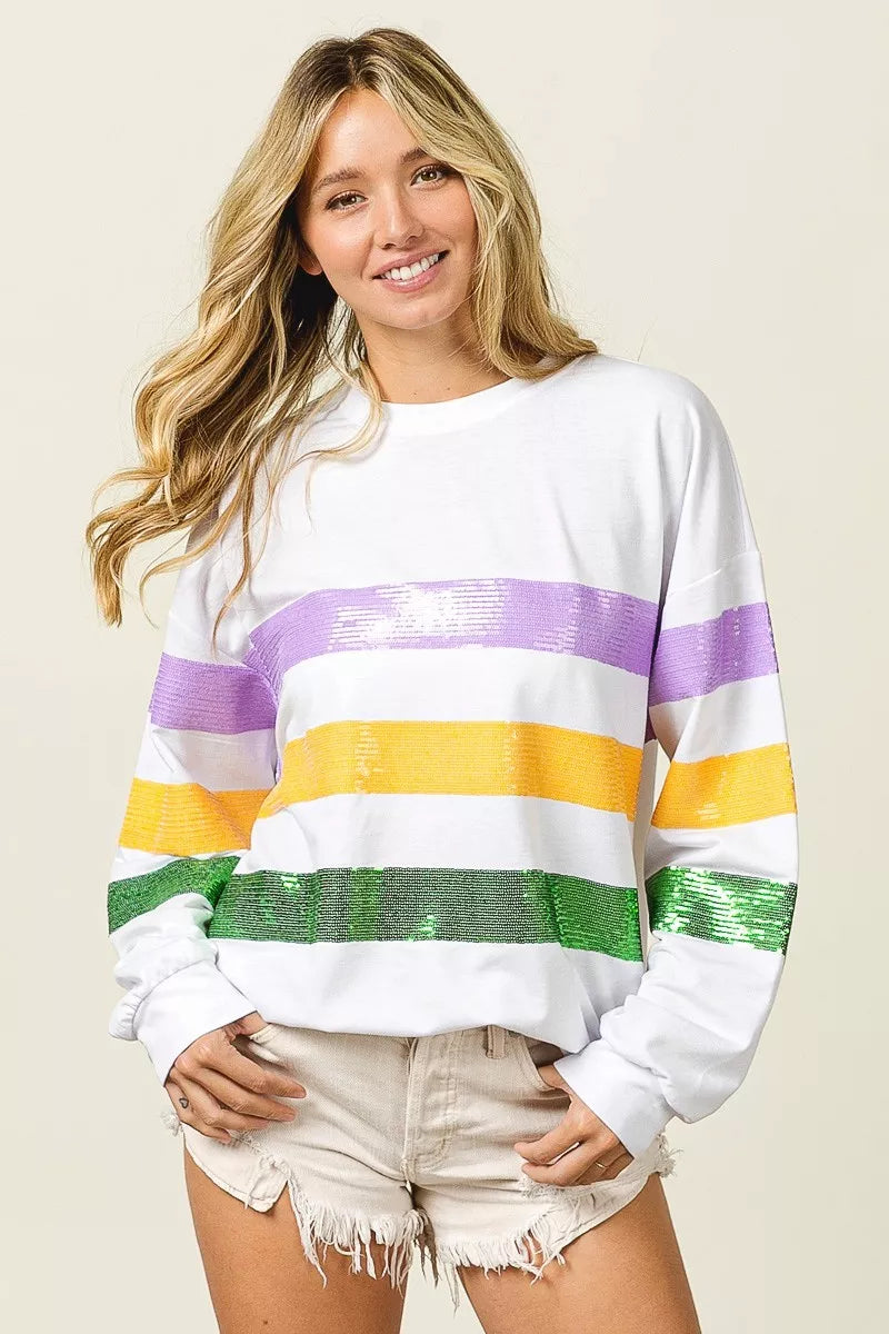 Sequin Mardi Gras Striped Round Neck Sweatshirt