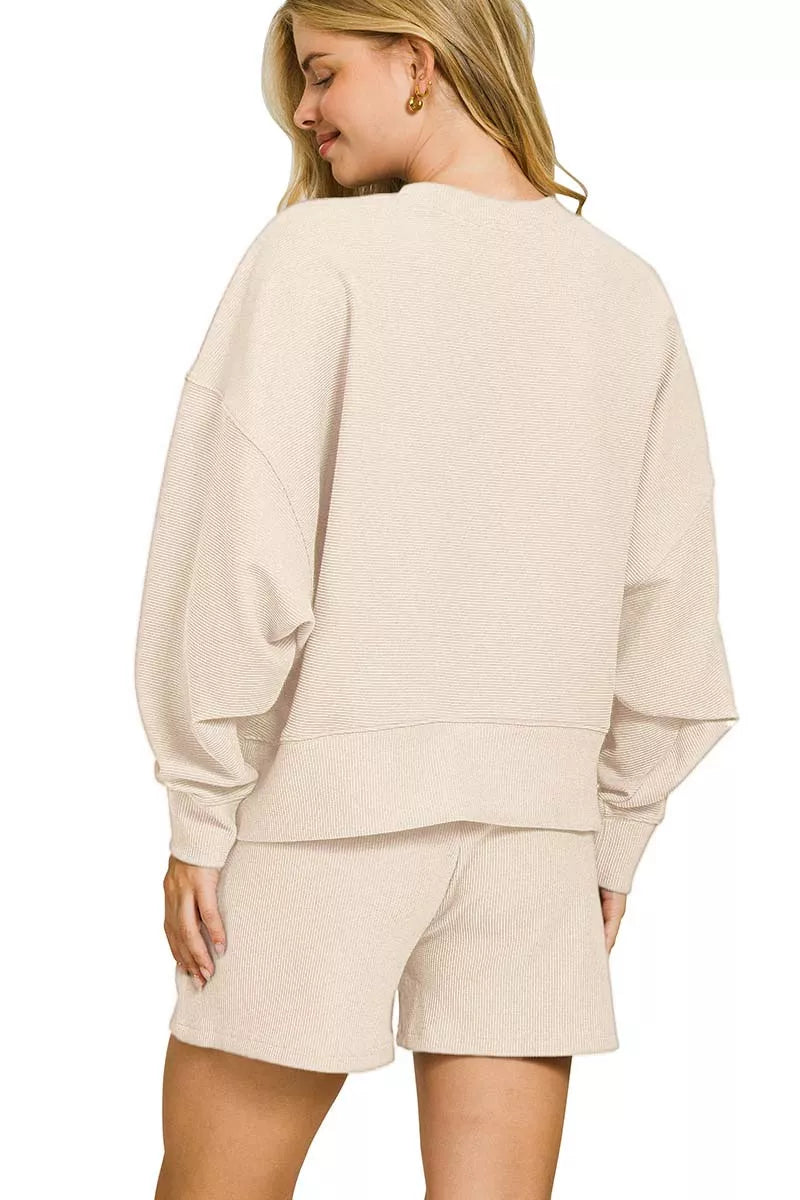 Ribbed Round Neck Pullover and Shorts Set