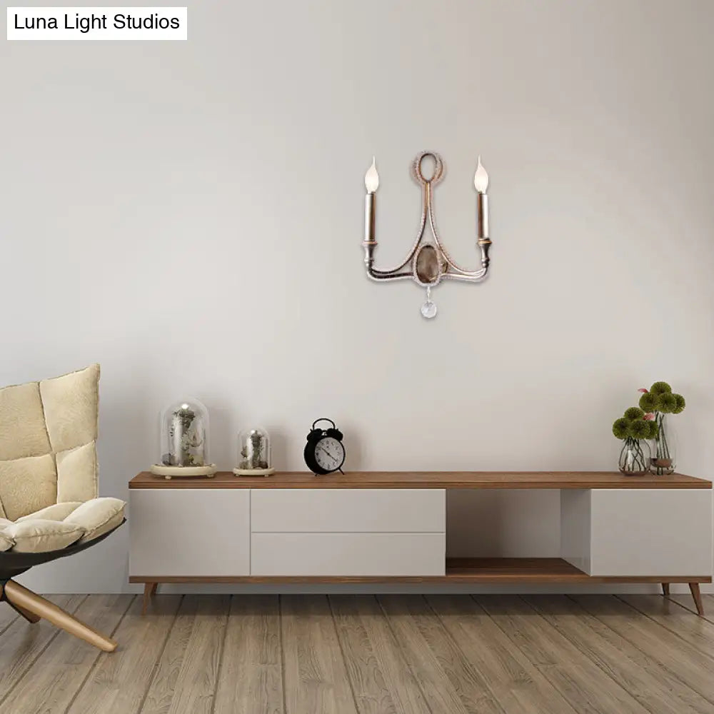 DecorBites™ 2-Head Retro Loft Fabric Wall Light - Conical Sconce with Crystal Beaded Strand - Aged Silver