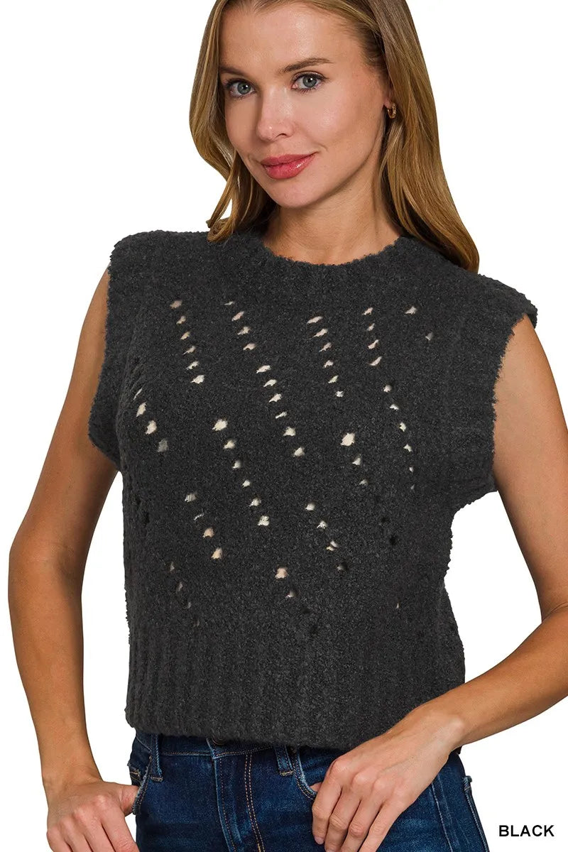 Openwork Textured Wool Sweater Vest