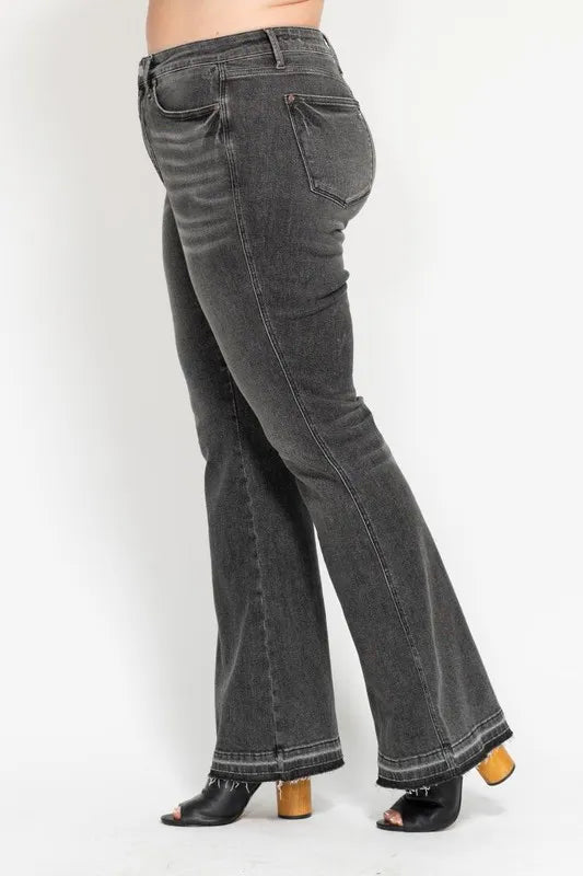Full Size Mid Rise Tummy Control Washed Gray Release Hem Flare Jeans Plus Size