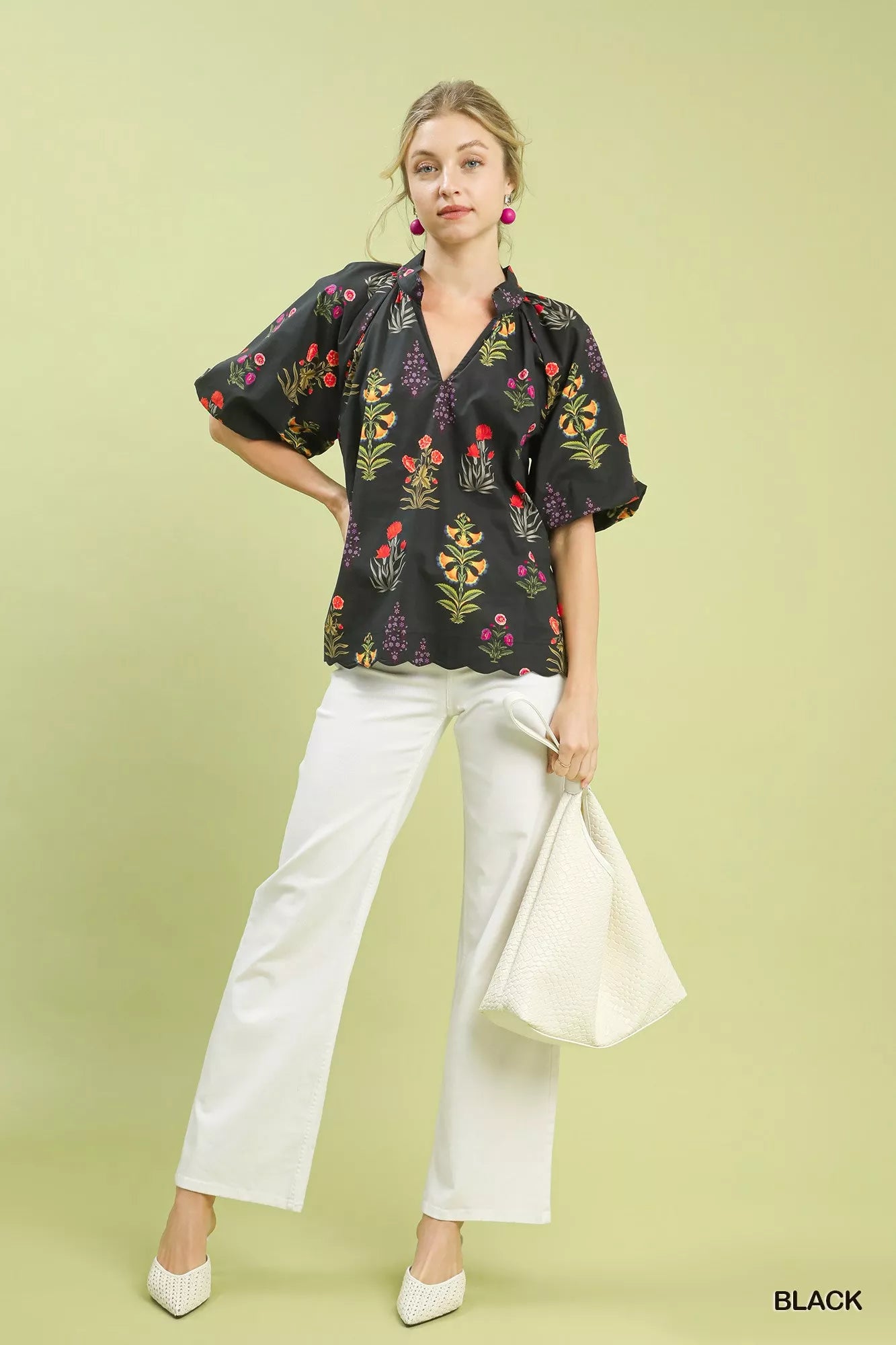 Floral Print Puff Sleeve Scallop Hem Blouse