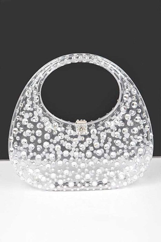 Box Clutch Top Handle Rhinestone Clear Statement Handbag Stylish Chic