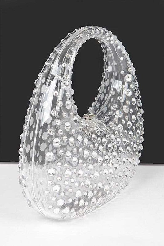Box Clutch Top Handle Rhinestone Clear Statement Handbag Stylish Chic
