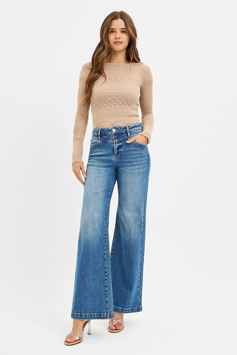 High Rise Wide Leg Jeans with Front Yoke and Heart Back Pocket