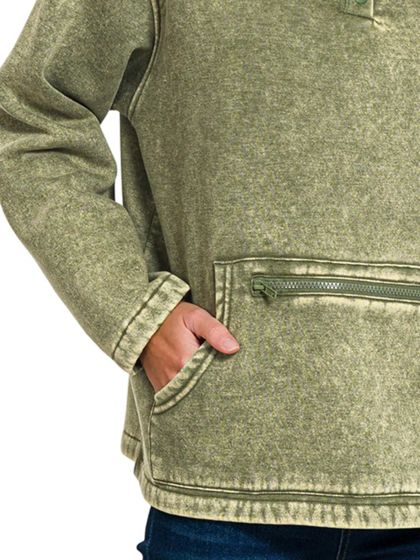 Fleece Washed High Neck Kangaroo Pocket Sweatshirt