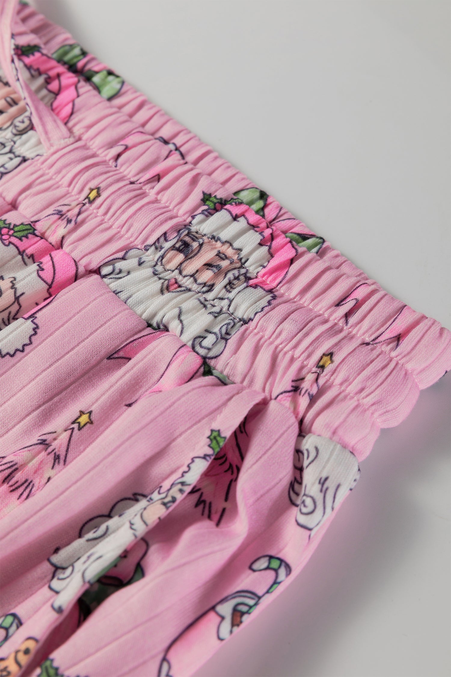 Pink Christmas Print Ruffled Ribbed Shirt & Pants 2 Piece PJ Set