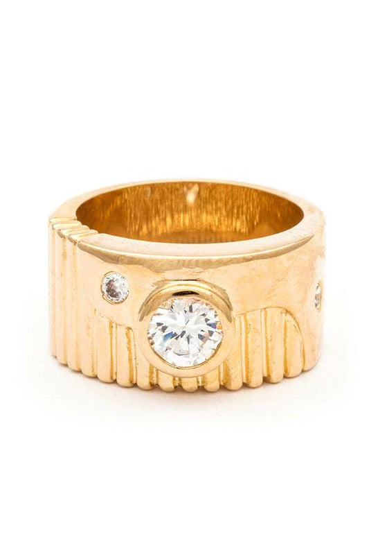 Gold Textured Engraved CZ Ring – Stylish Statement Jewelry