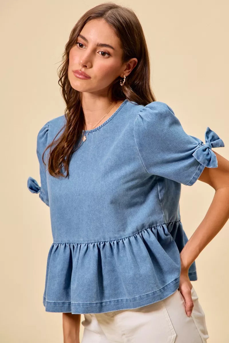 Denim Bow Detail Short Sleeves Peplum Top